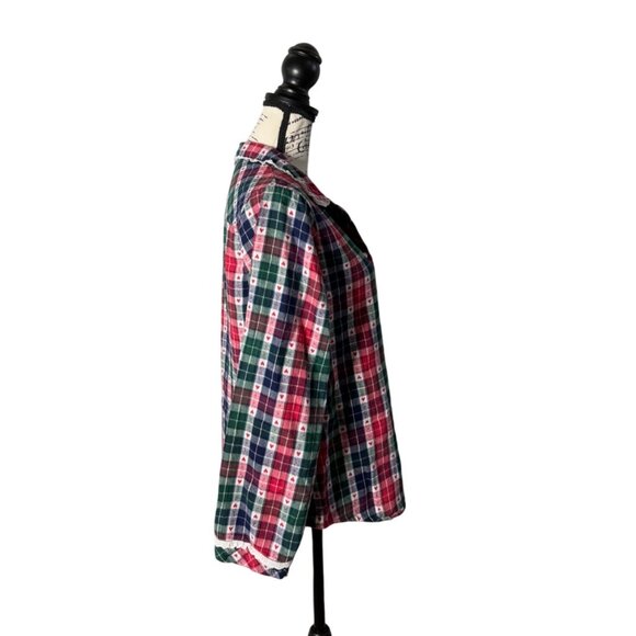 Lanz Of Salzburg Women's Plaid Flannel Pajama Top Button-Up Red Green Size S - Picture 2 of 9